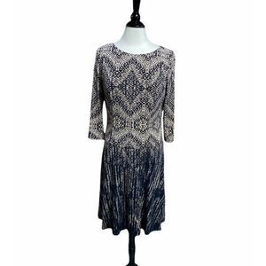 Anne Klein Black & Tan Print Quarter Sleeve A-Line Dress Size 8
